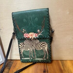 Green Zebra Print Crossbody Phone Bag with Floral Detail